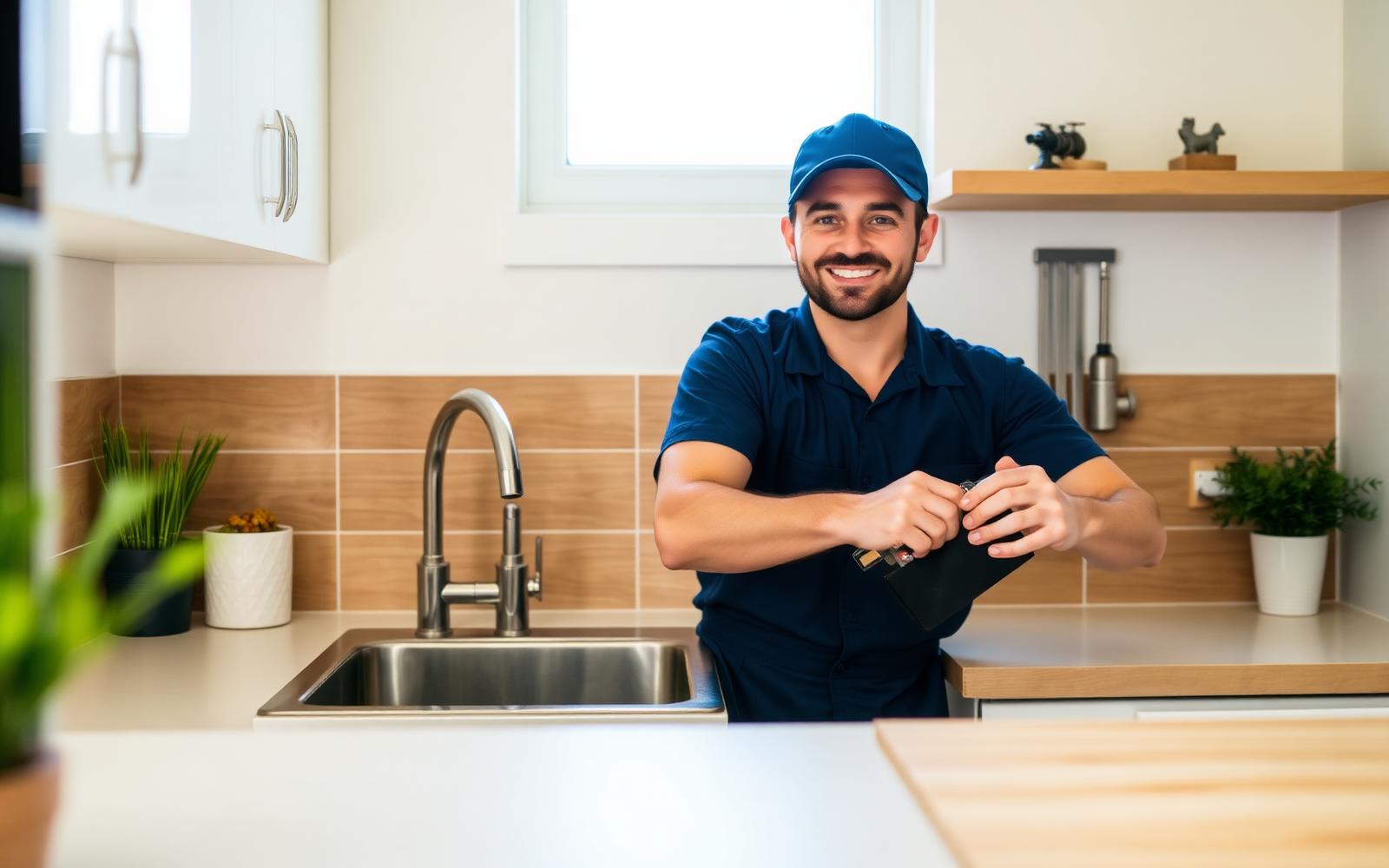 Apex Plumbing technician repairing a kitchen faucet in a customer's home
